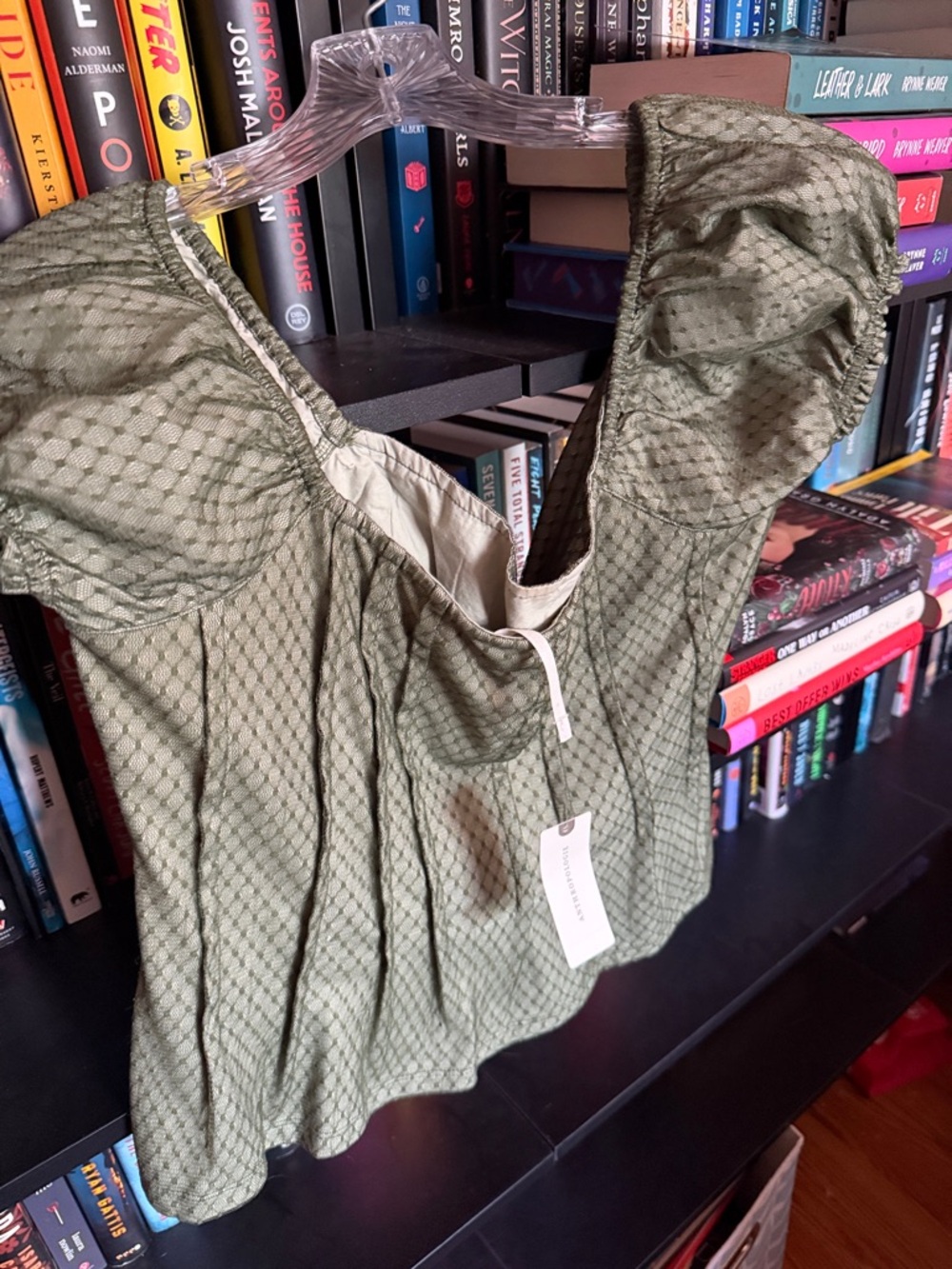 Anthropologie Olive Green Textured Puff-Sleeve Top